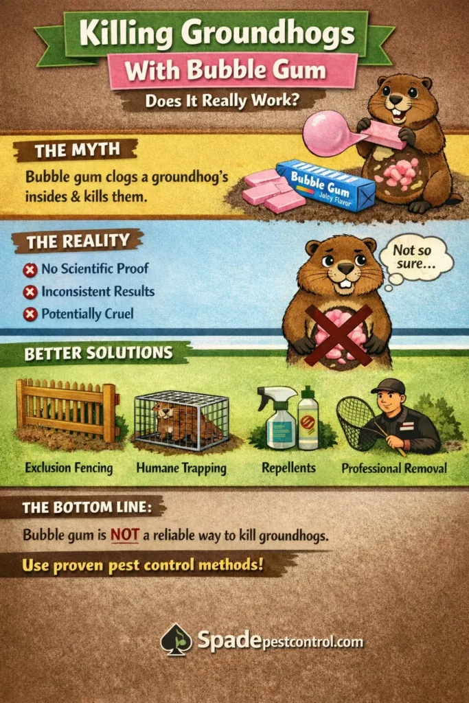 Infographic explaining Killing Groundhogs With Bubble Gum myth vs reality and showing proven groundhog control methods