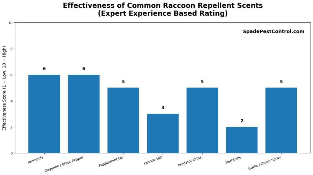 Bar chart showing effectiveness ratings of raccoon repellent scents including ammonia, cayenne pepper, peppermint oil, epsom salt, predator urine, mothballs, and garlic spray.
