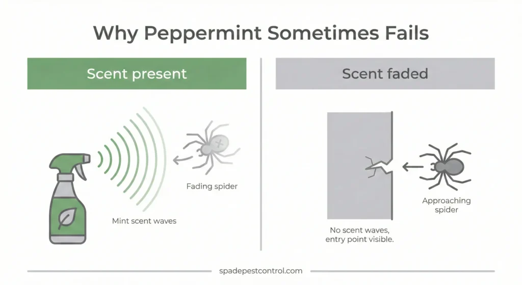 DIY peppermint oil spray steps for repelling spiders, showing mixing water and peppermint oil in a spray bottle and applying it to baseboards, corners, and entry points.
