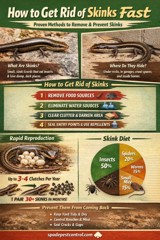 Infographic titled โHow To Get Rid Of Skinks Fastโ showing proven removal steps including removing food sources, eliminating water, clearing clutter, sealing entry points, and preventing skinks from returning.