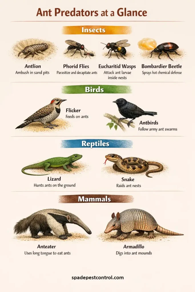 Infographic showing major animal groups that eat ants: insects, birds, reptiles, mammals with icons and a short description.