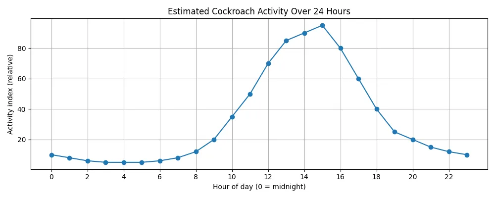 Graph illustrating how cockroach activity increases at night, explaining why homeowners need to keep cockroaches away at night.