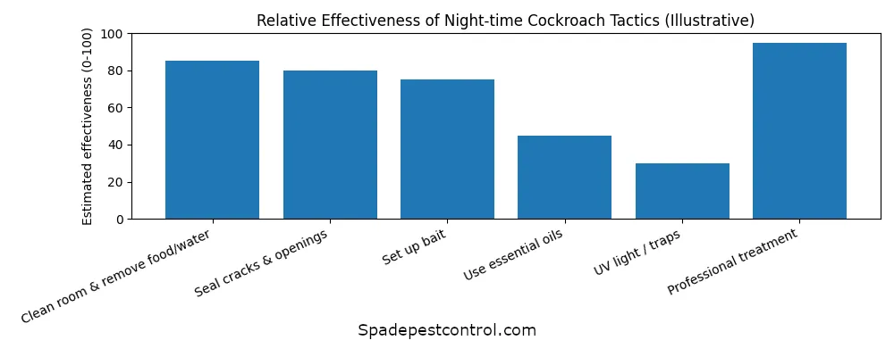 Graph showing which methods work best to keep cockroaches away at night, highlighting baiting, sealing gaps, and professional pest control as most effective.