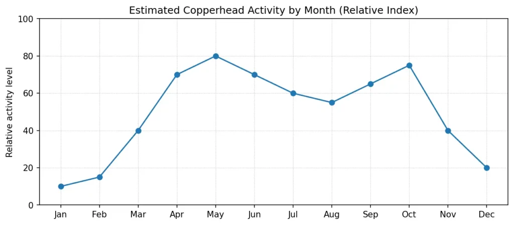 Seasonal copperhead snake activity chart showing higher activity in spring and fall and lower activity during winter months.
