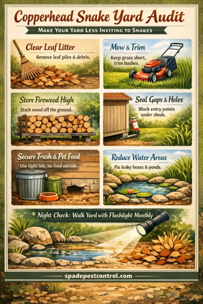 Copperhead snake yard audit infographic showing how to remove leaf litter, mow grass, store firewood off the ground, seal gaps, secure pet food, and reduce water sources to keep copperhead snakes away humanely.