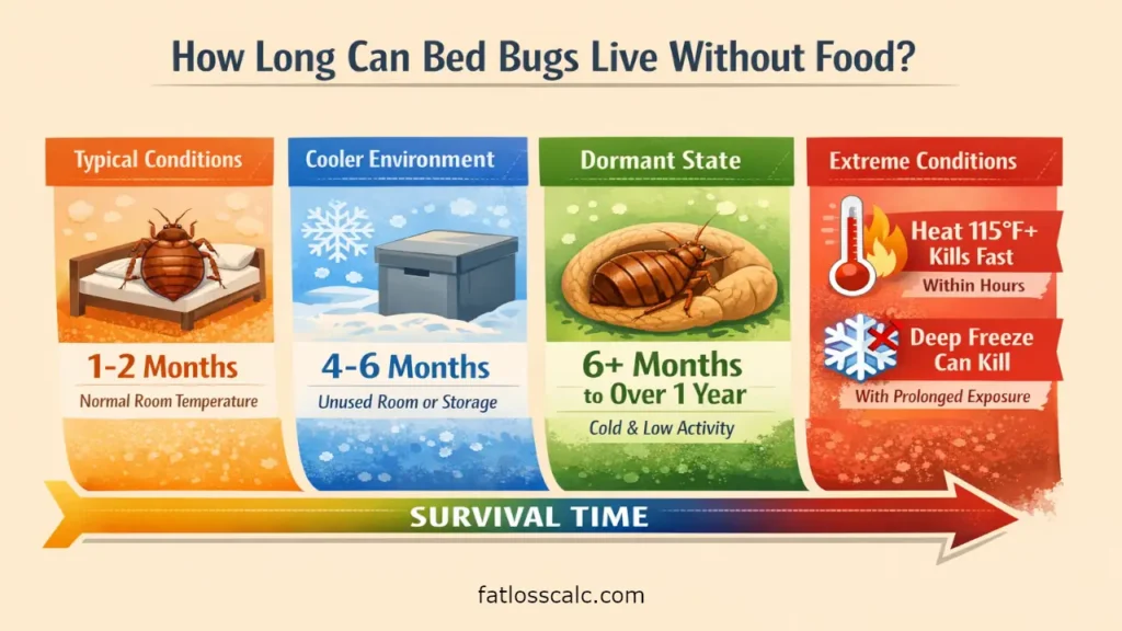 Timeline infographic showing how long bed bugs can live without food, ranging from 1–2 months at normal room temperature to over 1 year in cold, dormant conditions, with extreme heat killing them within hours.