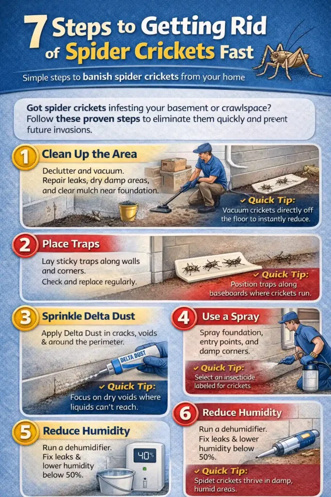 Infographic showing 7 proven steps on how to get rid of spider crickets including cleaning, traps, delta dust, spray treatment, humidity control, and sealing entry points.