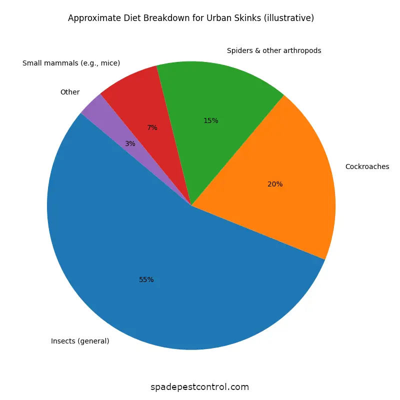 Pie chart showing skink diet breakdown including insects, cockroaches, spiders, worms, and small mice, highlighting common food sources that attract skinks to homes.