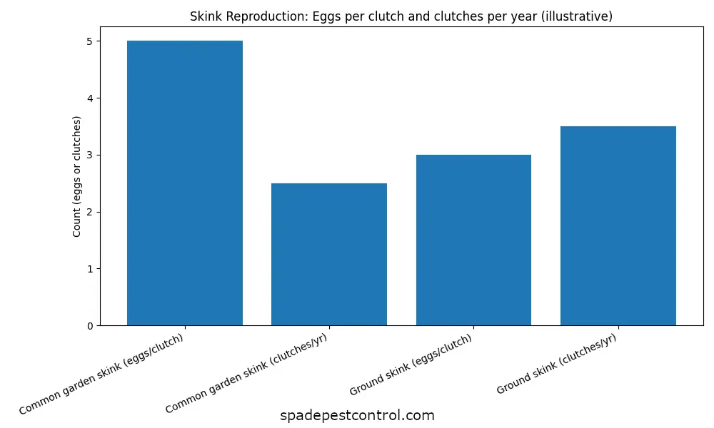 Bar chart showing skink reproduction rates, including 4โ6 eggs per clutch and 2โ4 clutches per year, illustrating how quickly skink populations can multiply around homes.