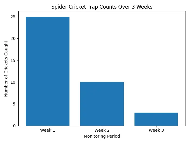 Bar chart showing trap catches dropping from 25 in week one to 3 by week three after cleaning and trapping.