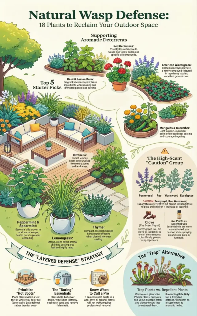 Infographic showing 18 wasp repellent plants, including peppermint, spearmint, lemongrass, thyme, citronella, red geraniums, and trap plants, plus patio placement tips for natural wasp control.