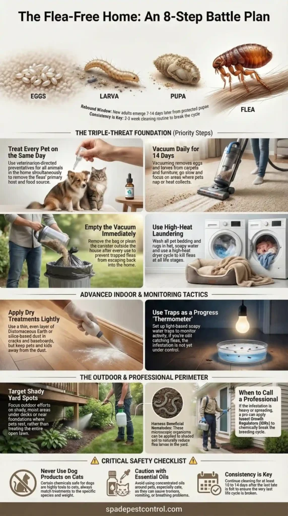 8-step flea elimination blueprint showing the order to treat pets, vacuum daily, wash bedding, use heat, apply support treatments, monitor traps, inspect the yard, and continue follow-up for full flea control
