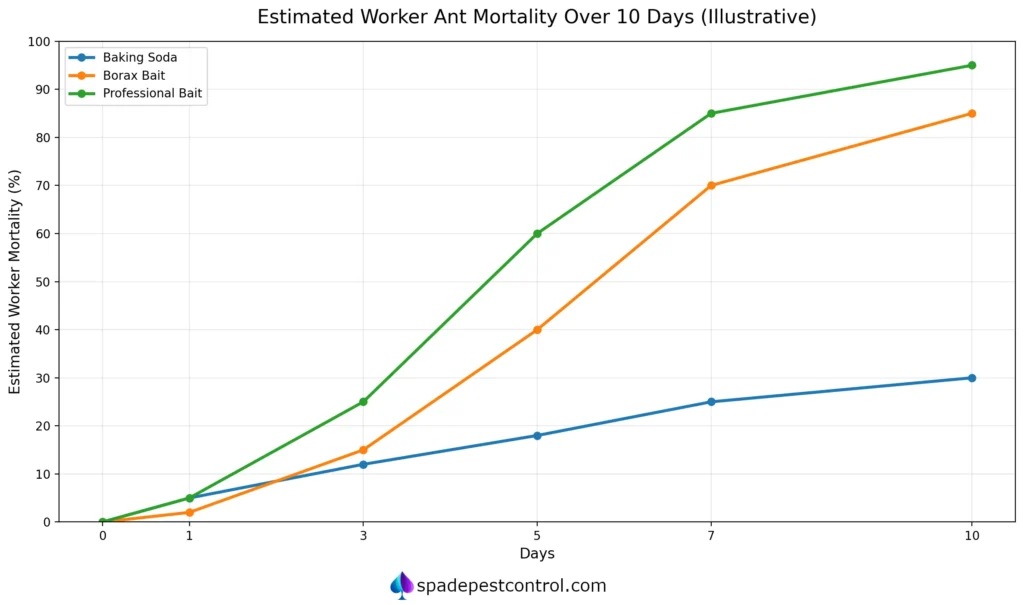 Line chart comparing estimated worker ant mortality over 10 days for baking soda, borax bait, and professional ant bait.