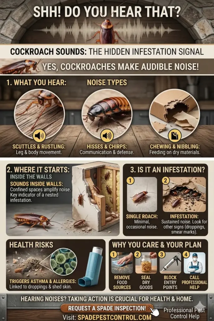 Do cockroaches make noise infographic showing cockroach sounds, infestation signs, and prevention steps
