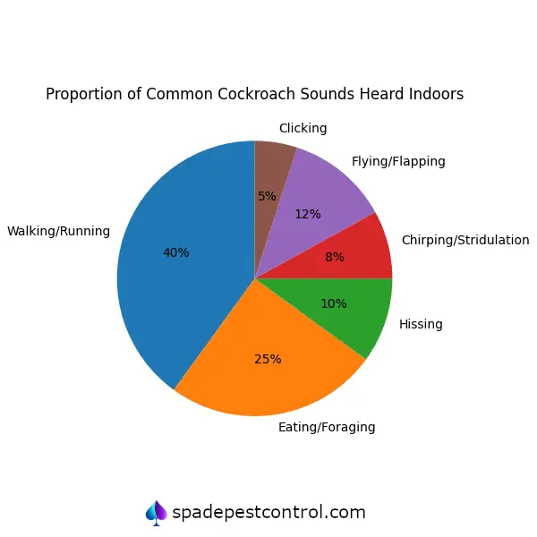Pie chart showing the proportion of different cockroach sounds including walking and running noises, eating sounds, flying wing flutter, hissing, chirping, and clicking.
