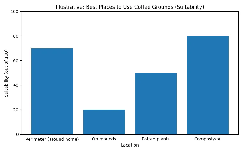 Bar chart showing suggested suitability for using coffee grounds around the perimeter, on mounds, potted plants, and compost.