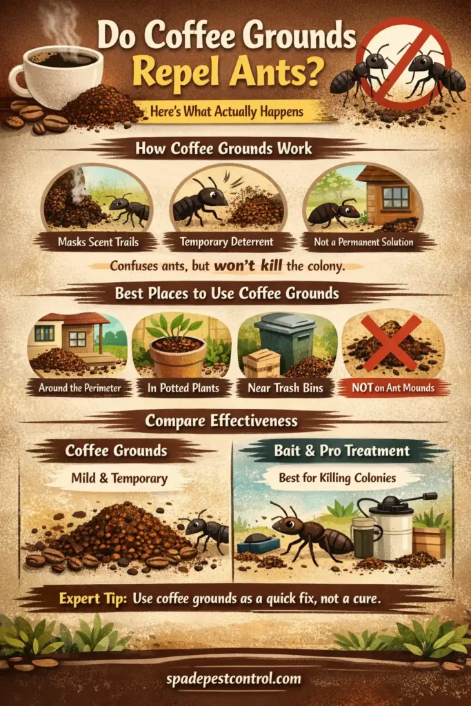 Infographic explaining whether coffee grounds repel ants, where to use them, why they only work as a temporary deterrent, and why bait treatments work better for killing ant colonies.