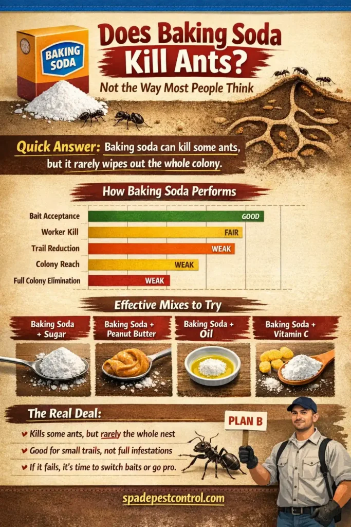 Infographic explaining whether baking soda kills ants, including bait mixes, real-world effectiveness, and why it rarely kills the whole colony.
