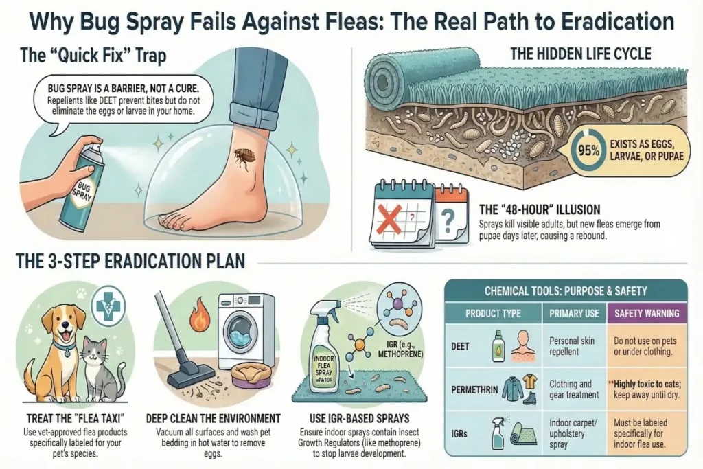 Infographic explaining why bug spray fails against fleas, showing the hidden flea life cycle and a 3-step flea eradication plan using pet treatment, deep cleaning, and IGR-based sprays.