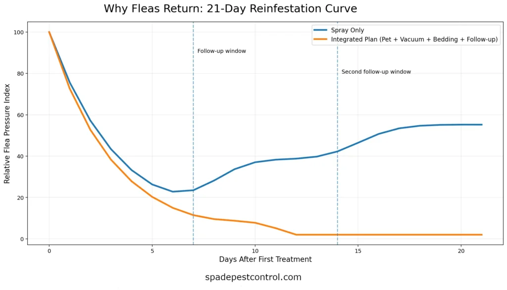 Line graph showing flea pressure over 21 days comparing spray-only treatment versus integrated flea control with pet treatment, vacuuming, bedding washing, and follow-up.