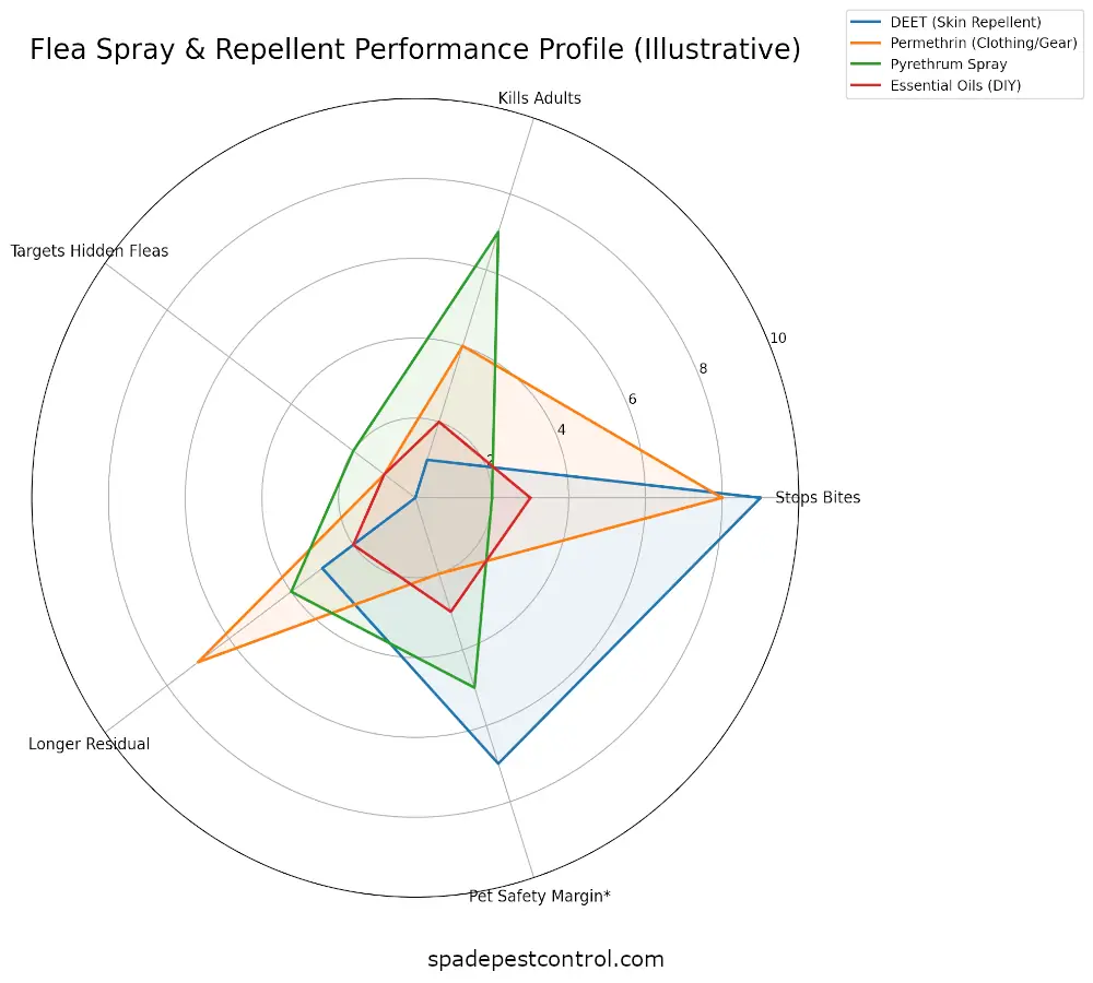 Radar chart comparing DEET, permethrin, pyrethrum spray, and essential oils for flea bite prevention, adult flea kill, residual effect, and safety factors.