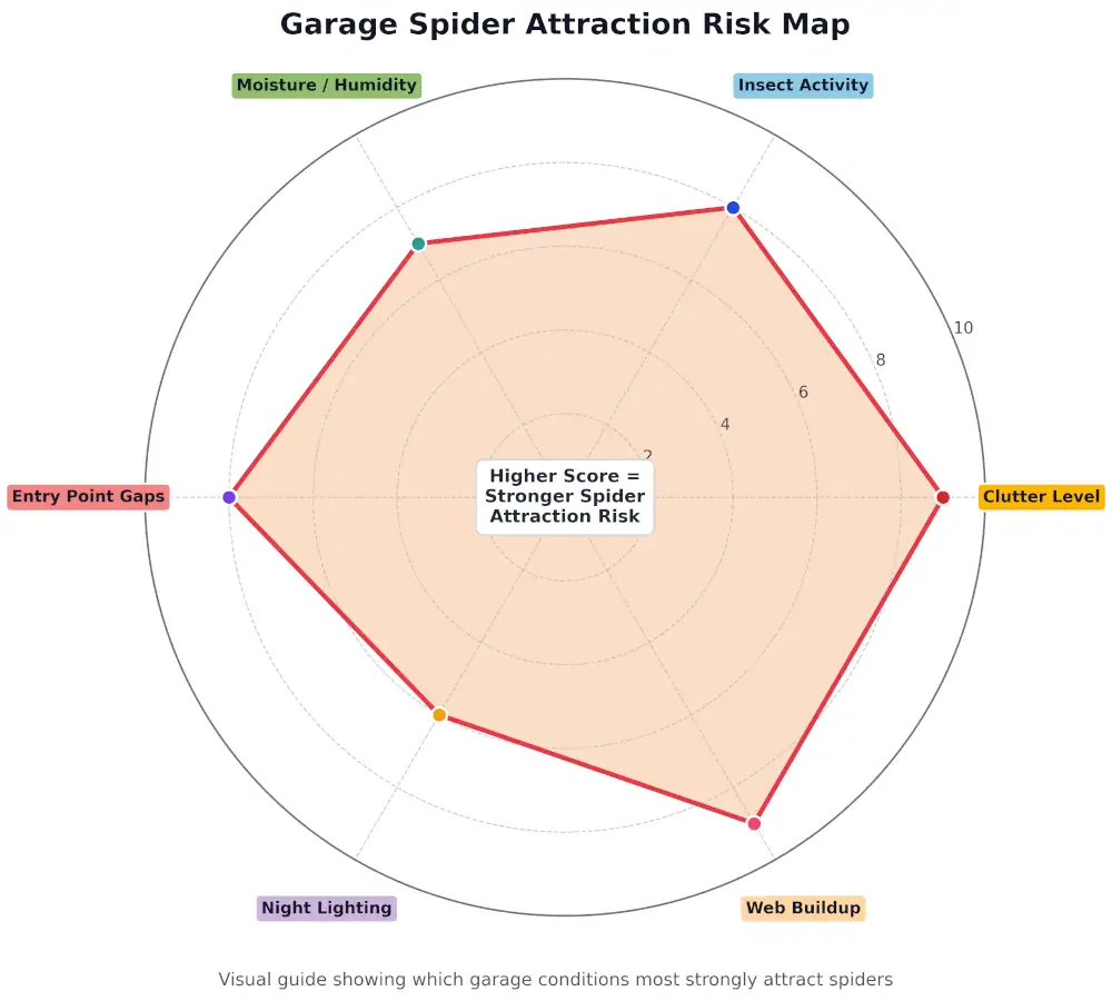 Colorful radar chart showing the six main garage conditions that attract spiders, including clutter, insect activity, moisture, entry gaps, night lighting, and web buildup
