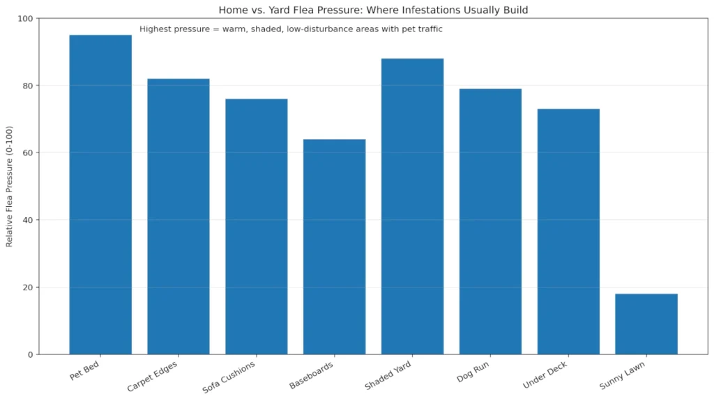 Home vs yard flea pressure chart comparing indoor flea hotspots like carpets and pet bedding with outdoor pressure zones such as shaded soil, decks, and pet resting areas