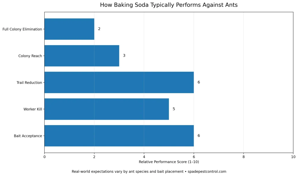 Horizontal bar chart showing how baking soda performs against ants for bait acceptance, worker kill, trail reduction, colony reach, and full colony elimination.