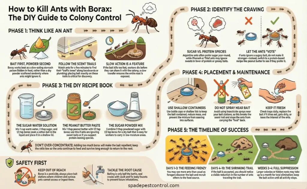 Infographic showing how to kill ants with borax using DIY bait recipes, bait placement tips, safety steps, and the timeline for colony control