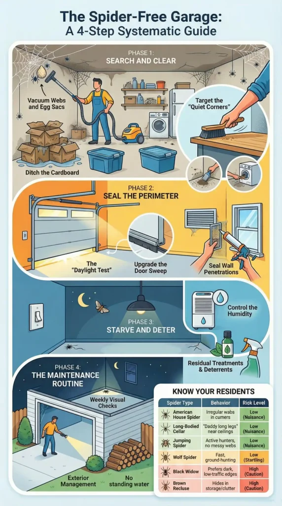 Infographic showing a 4-step system to remove spiders from a garage, including clearing webs and clutter, sealing garage gaps, reducing moisture and insect activity, and maintaining a spider-free garage