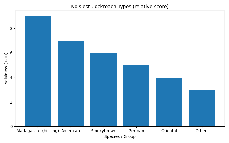 Bar chart comparing the loudness of common cockroach species including Madagascar hissing cockroaches, American cockroaches, Smokybrown cockroaches, and German cockroaches.