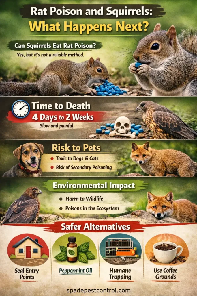 Rat poison and squirrels infographic explaining poisoning risks time to death environmental impact risks to pets and safer squirrel control alternatives