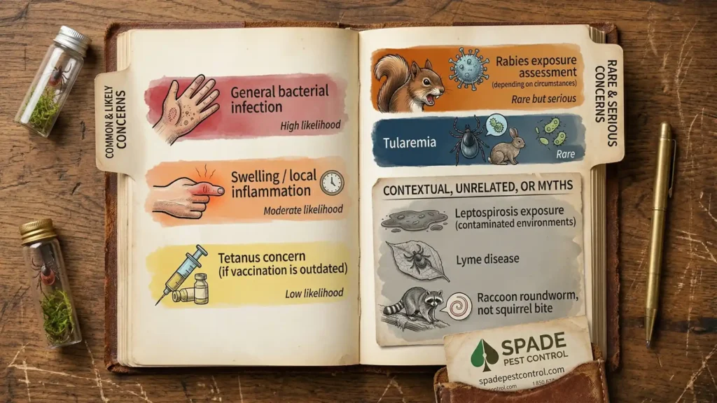 Chart comparing common squirrel bite risks like bacterial infection and swelling with rarer concerns such as rabies exposure assessment and tularemia