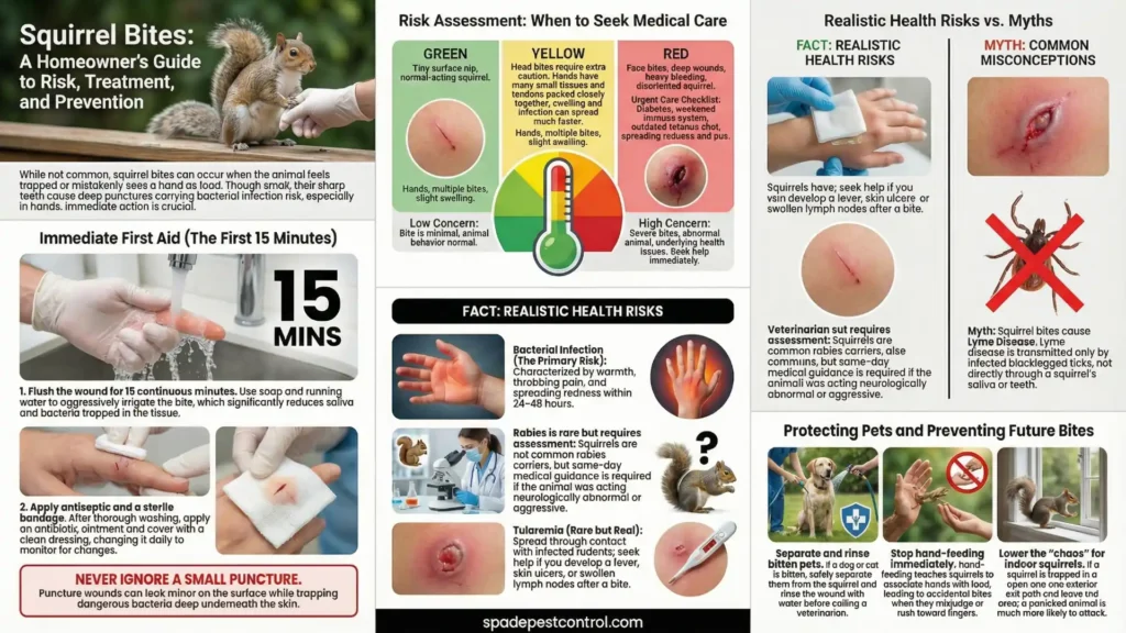 Colorful infographic showing squirrel bite first aid, risk levels, realistic health risks, myths, and prevention tips for homeowners