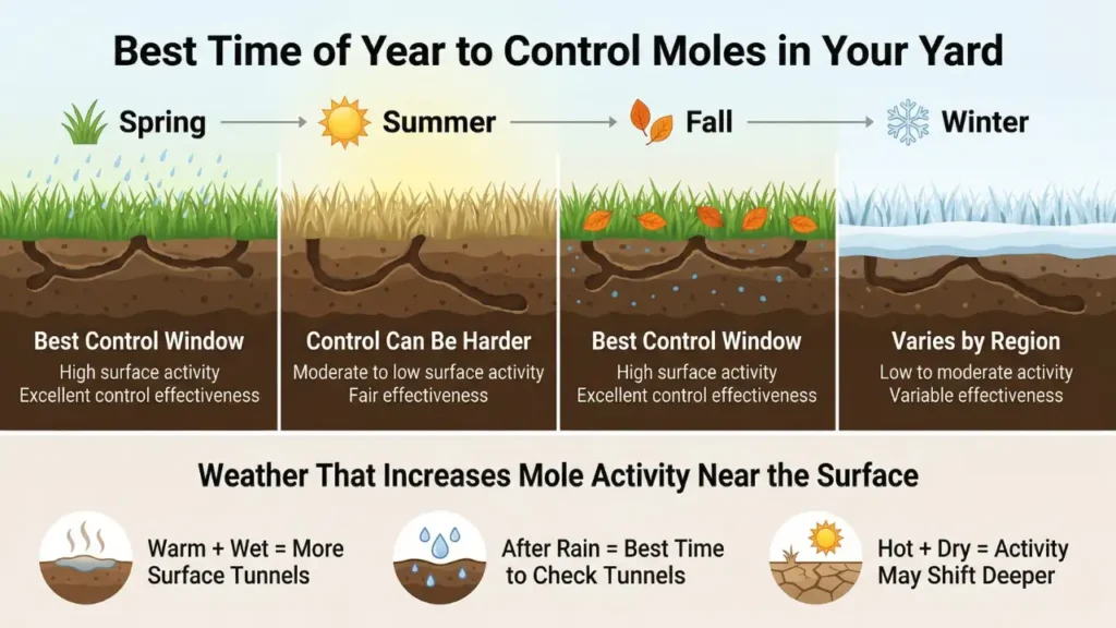 Chart showing the best time of year to control moles in your yard, with spring and fall as the best seasons and wet weather increasing surface tunnel activity