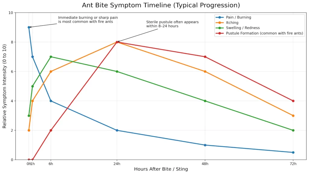 Line graph showing a typical ant bite symptom timeline over 72 hours, comparing pain, itching, swelling, and fire ant pustule formation after an ant sting.
