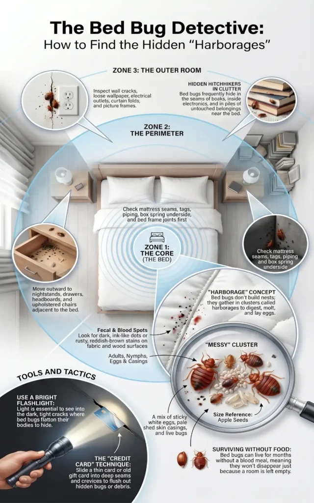 Infographic showing how to find bed bug harborages by inspecting the bed first, then nearby furniture, wall cracks, outlets, books, and clutter around the room.