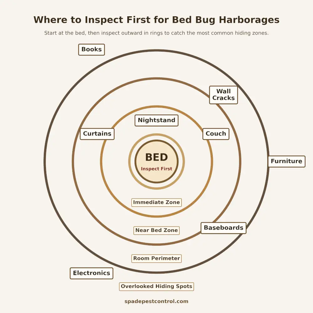 Diagram showing where to inspect first for bed bug harborages by starting at the bed and moving outward to nightstands, curtains, couches, baseboards, wall cracks, books, furniture, and electronics.