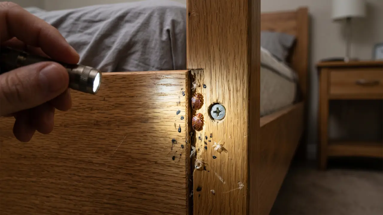 Close-up featured image of bed bugs hiding in a wooden bed frame joint near a screw hole and seam.