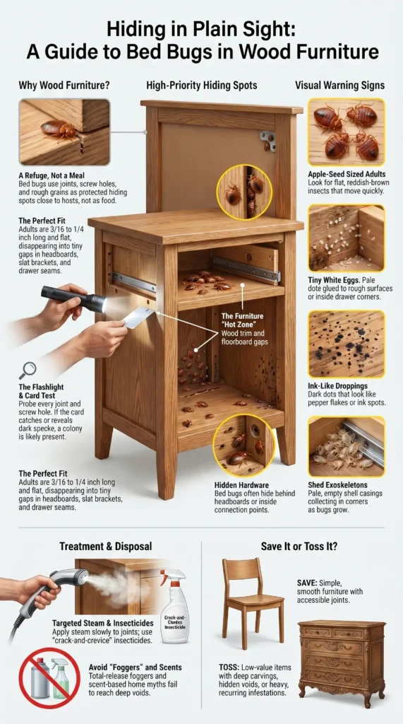 Infographic showing bed bugs living in wood furniture, including hiding spots, warning signs, and how to treat or remove infested wood furniture.