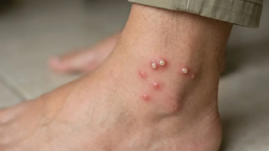Close-up photo of fire ant stings on an ankle showing clustered red bumps and white pustules 12 to 24 hours after exposure.