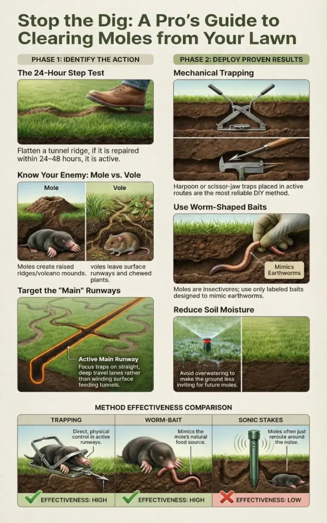 Infographic showing how to get rid of moles in your yard by testing active tunnels, targeting main runways, using traps or worm-shaped bait, and avoiding sonic stakes