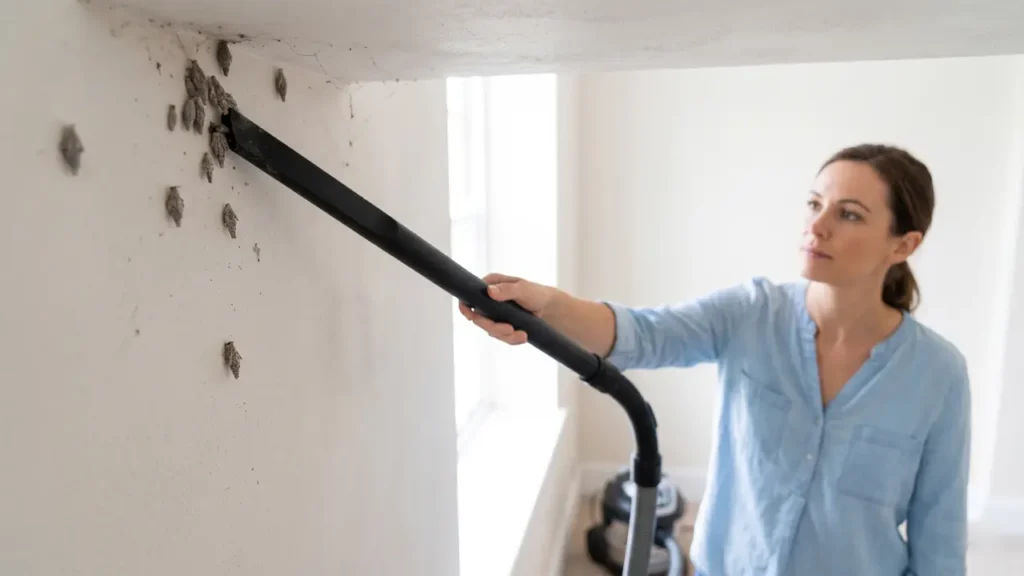 Vacuum removing plaster bagworm cases from an indoor wall corner