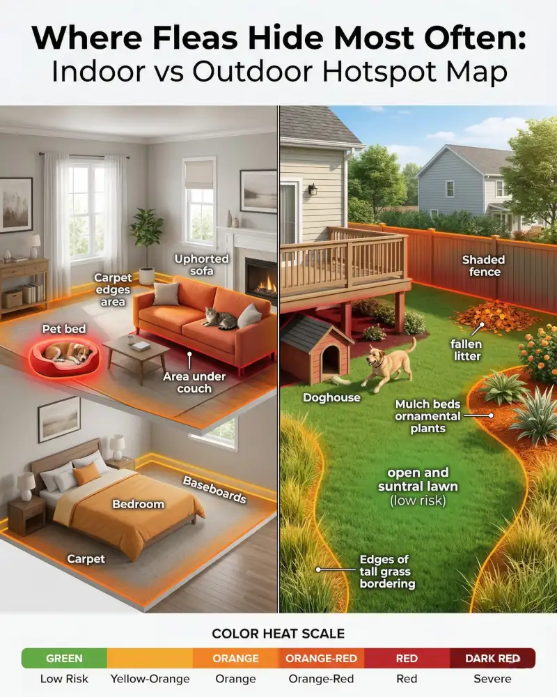 Heat map infographic showing the most common indoor and outdoor flea hiding spots around a home and yard