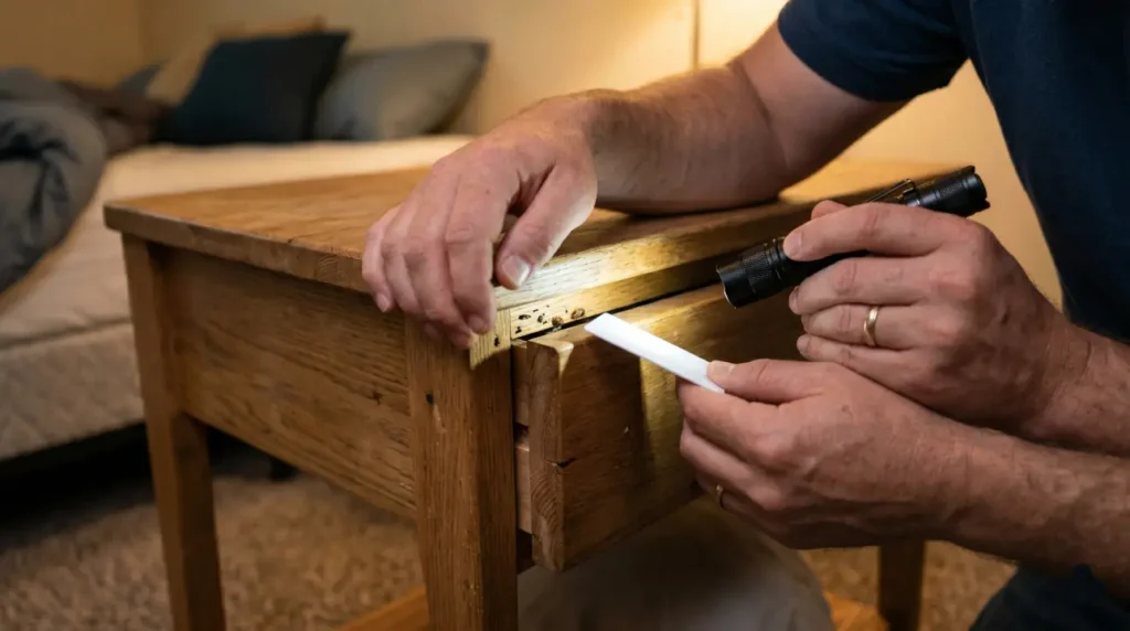 Close-up of a homeowner inspecting a wooden nightstand joint for bed bugs using a flashlight and card, checking seams, screw holes, and hidden cracks.