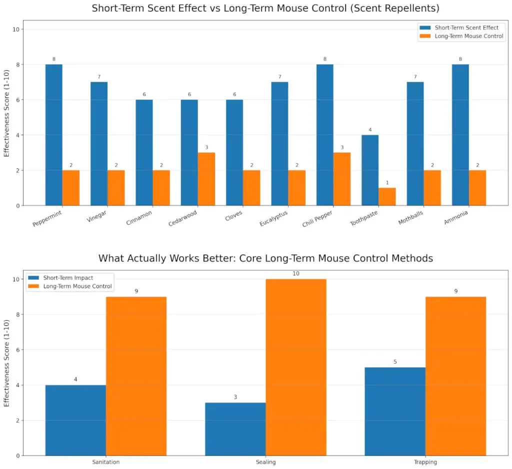 Bar chart comparing short-term scent repellent effectiveness for mice versus long-term mouse control methods like sanitation, sealing entry points, and trapping