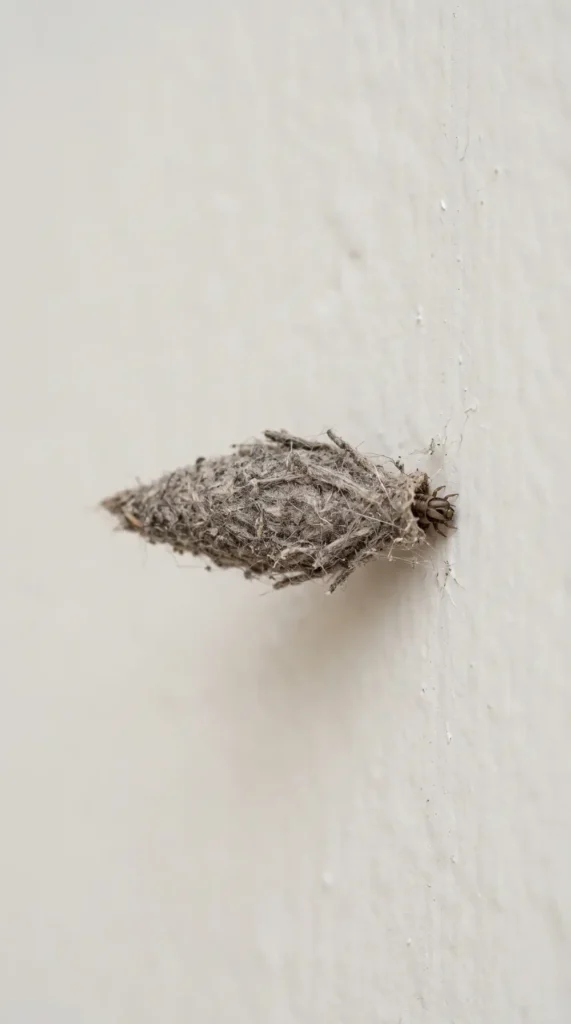 Close-up of a plaster bagworm case attached to an indoor wall