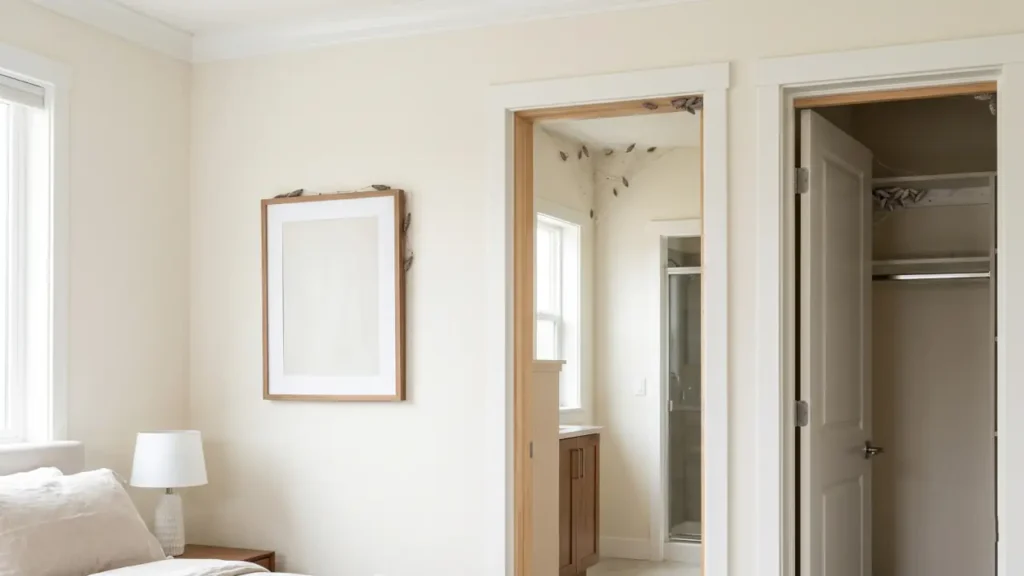 Common plaster bagworm hiding spots in bathroom corners, closets, and wall edges