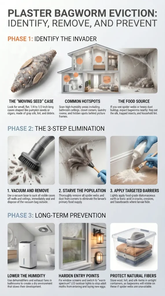 Infographic showing how to identify plaster bagworms, where they hide, and how to get rid of them fast