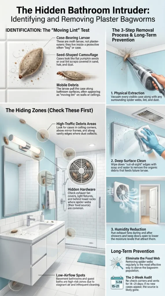 Infographic showing how to identify plaster bagworms in a bathroom, where they hide, and how to remove and prevent them